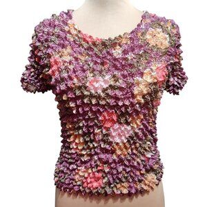 Radiance One Size Womens Top Purple Floral Popcorn Bubble Crinkle Vintage Chic